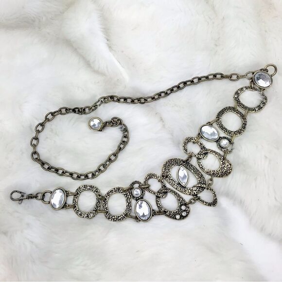Mottled Burnished Gold Tone Ovals and Gemstone Retro Statement Chain Belt - Picture 1 of 12
